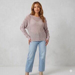 Jolt Womens Size Small Mauve Open Knit Crochet Sweater Lace Up Long Sleeves Boho